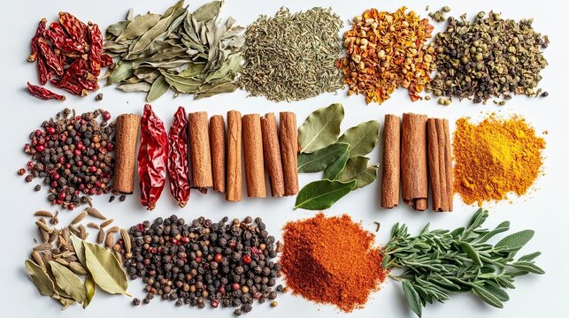 Assorted dried spices and herbs on white background