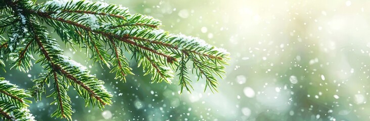 A close-up view of a beautiful green fir tree branch. Christmas and winter concept.
