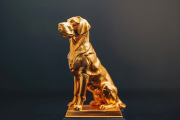 A gold-colored figurine of a dog sitting on a table, ideal for decorative or inspirational uses