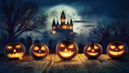 Halloween background with scary pumpkins candles in the graveyard at night with a castle background