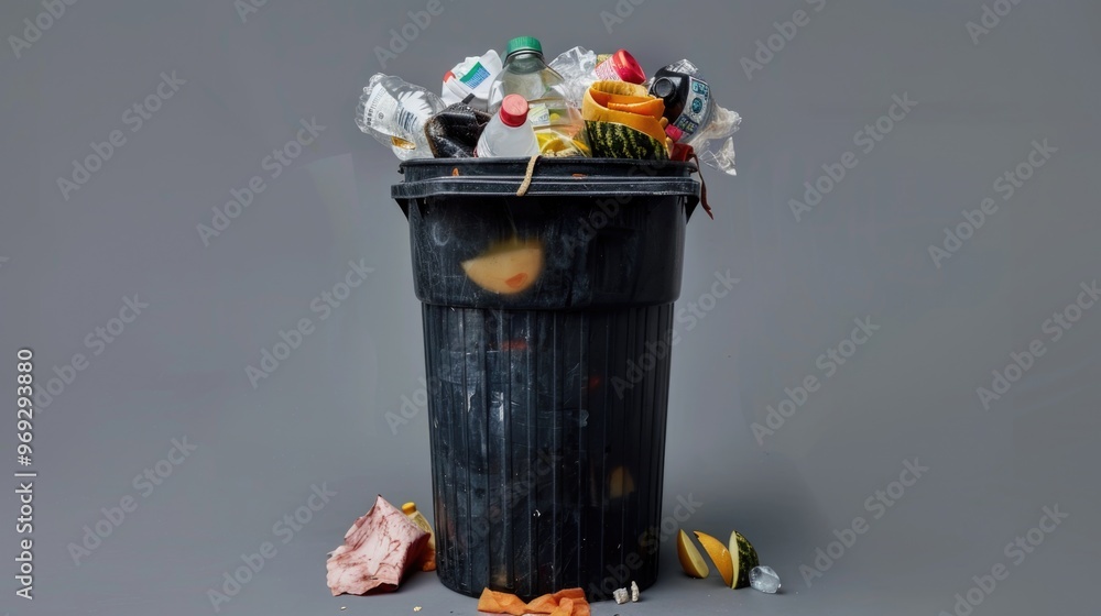 Poster a black trash can overflowing with plastic waste and debris, highlighting the problem of pollution