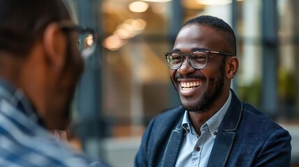 Obraz premium Businessman Having a Casual Conversation with a Coworker, Portrait Shot with Copy Space