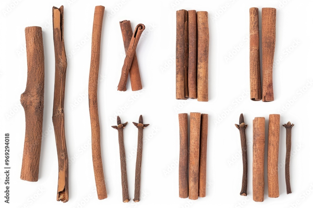 Poster close-up shot of variously shaped cinnamon sticks arranged on a white surface