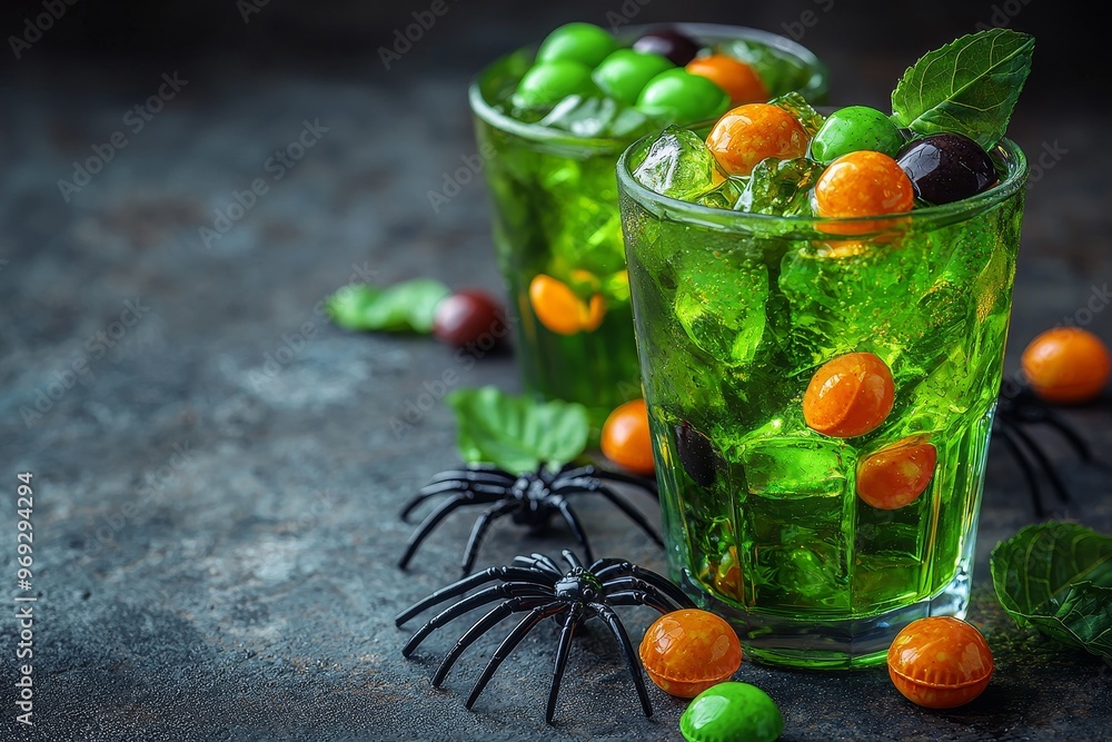 Poster in the background is a table decorated with spiders and syringes with blood in green lemonade glasse