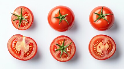 Whole and halved fresh tomatoes on white background