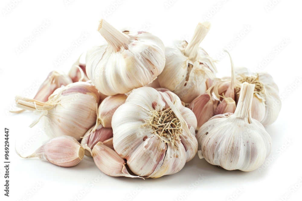 Poster a close-up photo of a stack of garlic cloves on a white surface