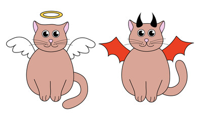 Cute Halloween Cats in costumes. Angel and demon. Holidays characters. Vector Flat Illustration.