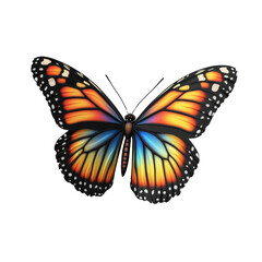 Naklejka premium Colorful butterfly with vibrant orange, blue, and yellow wings. Isolated on white, showcasing natural beauty and intricate patterns.