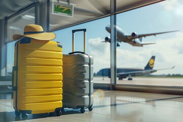 Yellow And Gray Suitcases In Airport Terminal With Plane In Background
