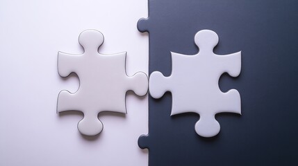 Jigsaw Unity: Two Large Puzzle Pieces Interlocking on a White Background, Embracing Simplicity and Harmony in Monochromatic Design