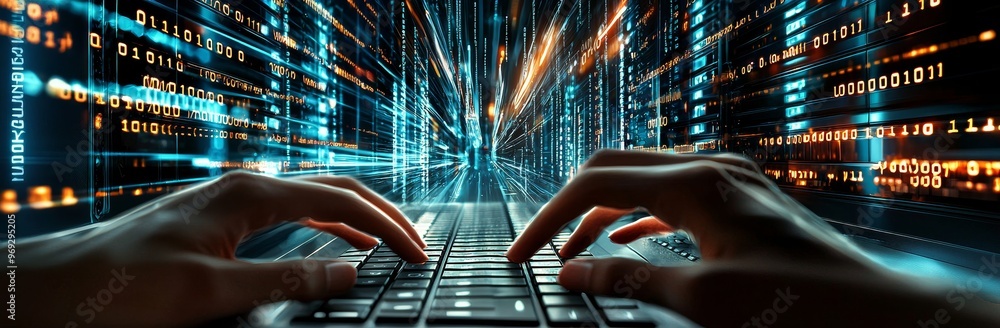 Poster Using data center, database, and computer server to manage data on a laptop. Computer programmer, software engineer coding on laptop with data center, database, and computer server.