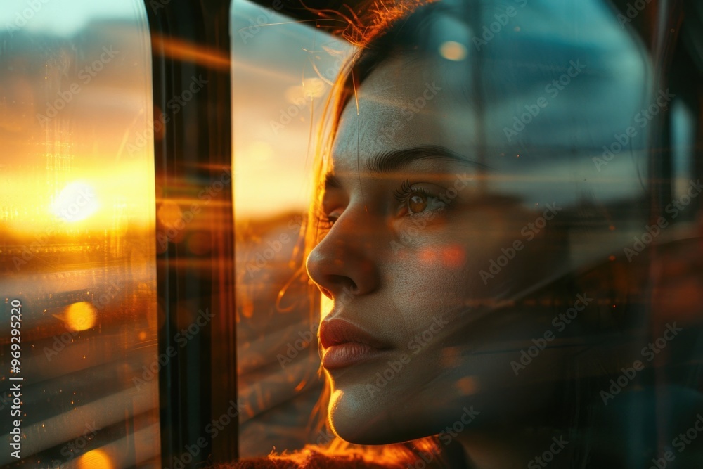 Poster A woman looks out of a train window at a beautiful sunset