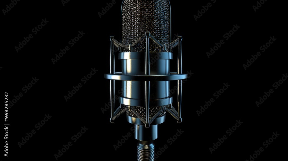 Poster A close-up shot of a microphone on a black background, perfect for music-related projects or to add texture and depth to your design