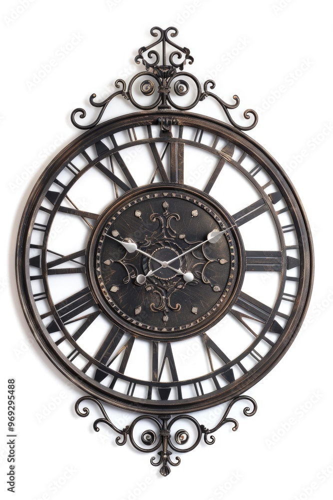 Poster A large metal clock with Roman numerals on the face, suitable for use in decorative or minimalist interior design settings