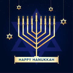 Happy Hanukkah with blue and golden color and stars shine	