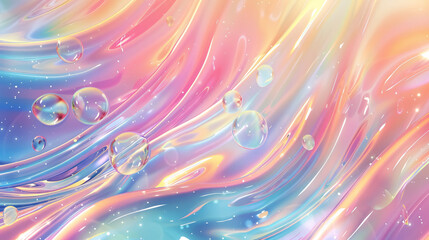 Fototapeta premium Iridescent colorful abstract background with bubbles, fluid texture, pastel tones, curvy wavy good vibes.