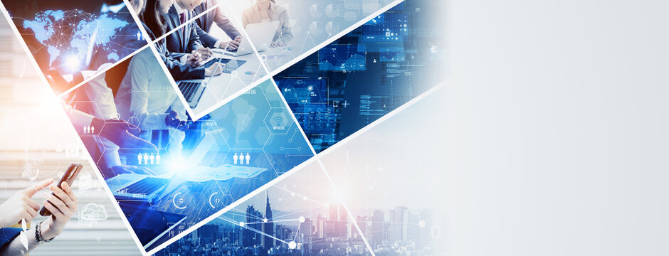 様々なビジネスシーンとテクノロジーイメージ　バナー・広告向け横長ビジュアル