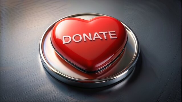 Red heart-shaped donate button with metallic finish on a sleek background