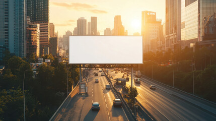 Empty urban billboard at sunset, located above a bustling city highway with skyscrapers in the background, perfect for advertising space.