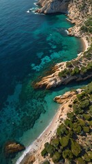 Aerial View of a Serene Mediterranean Beach with Crystal Clear Waters, Cliffs, and Vibrant Umbrellas – iPhone Wallpaper 