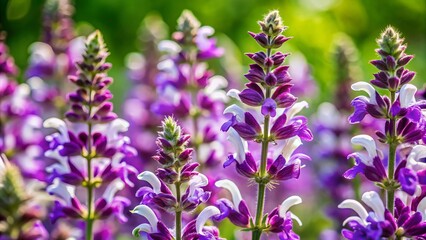 Vibrant purple and white sage blooms soft, fuzzy, against a lush green backdrop.