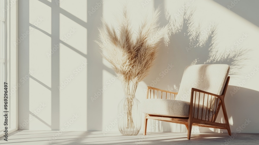 Poster mock-up of an empty living room with a soft armchair and a vase of dry grass in morning light, minim