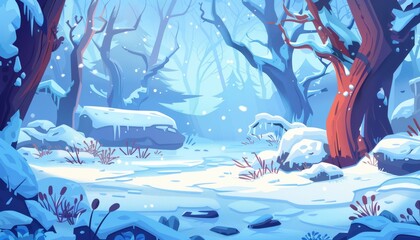 a winter forest adventure rpg game background. cartoon style. flat color. game illustration. --ar 7:4 Job ID: b4322f0e-27dc-4497-9362-58eb1d54b3f3