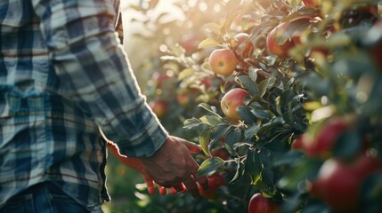 Portrait of a famer working in apple tree orchard farm
