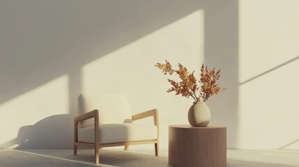 Modern minimalist living room interior background with white calla lilies, minimalist scandinavian style, empty wall mockup
