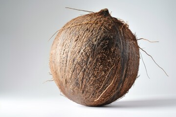 A single coconut sitting on a white background