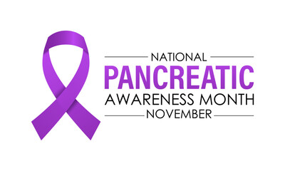 Vector illustration of  Pancreatic Cancer awareness month is observed every year in November. 
Calligraphy and Realistic purple ribbon. Vector illustration transparent background.