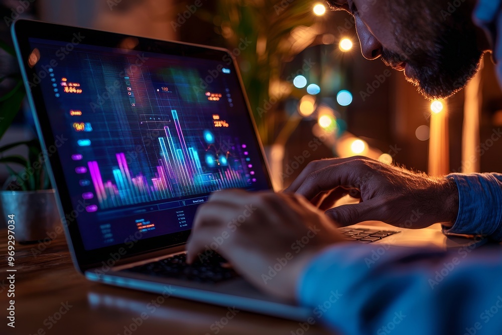 Aufkleber an office worker creates a financial dashboard using a laptop. the picture was generated by ai.