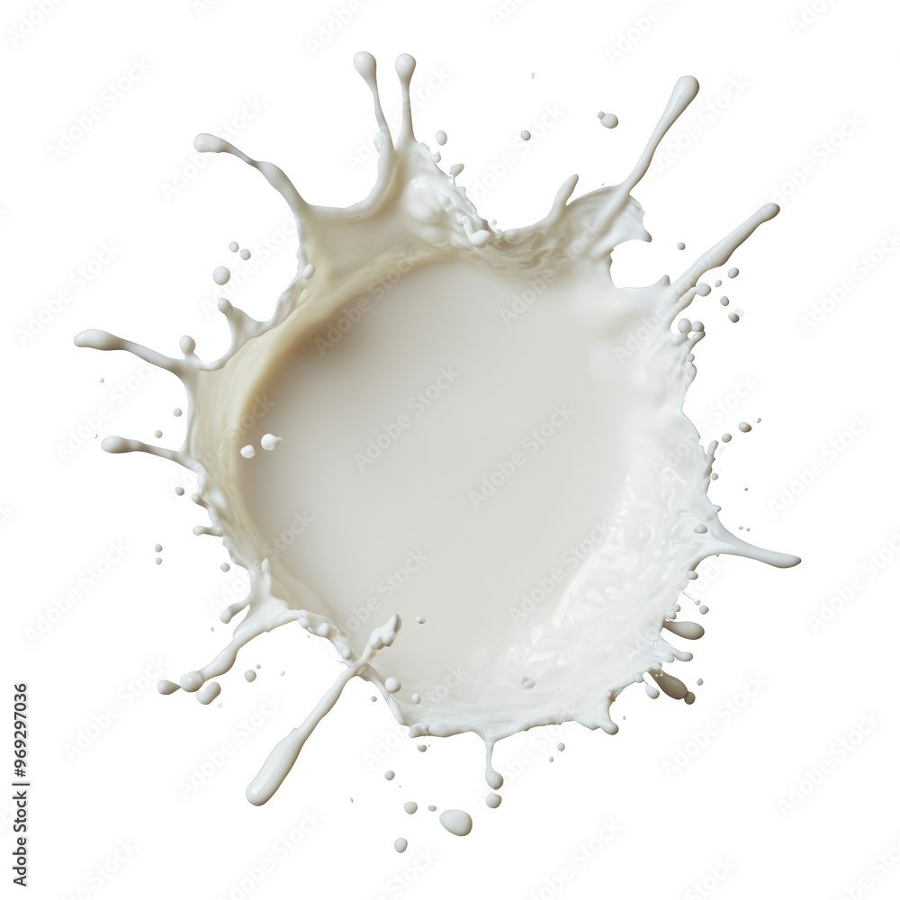 Poster high-speed capture of a splash of milk or cream against a white background, creating an abstract and