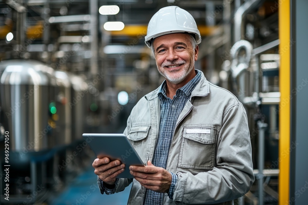 Poster Portrait of a professional engineer manager inspector with a tablet in uniform and a smile while working in a warehouse store distributor factory with a sense of satisfaction at the job engineer