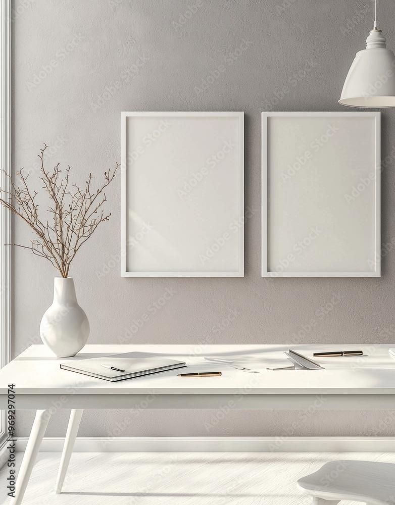 Poster a close up photo of a wooden frame with an empty frame at home, at the office, near the window. 3d r