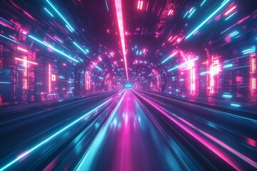 Fototapeta premium Tunnel tunnel train racing through neon pink and blue lights.