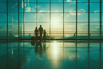 Family Silhouettes Watching Planes Departing at Airport