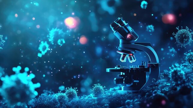 Dark-themed abstract science background with a microscope focusing on microbial research, showcasing advanced microscopy techniques