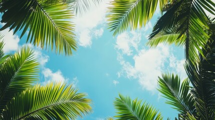 A lush, tropical background image featuring vibrant green palm leaves and a bright blue sky.