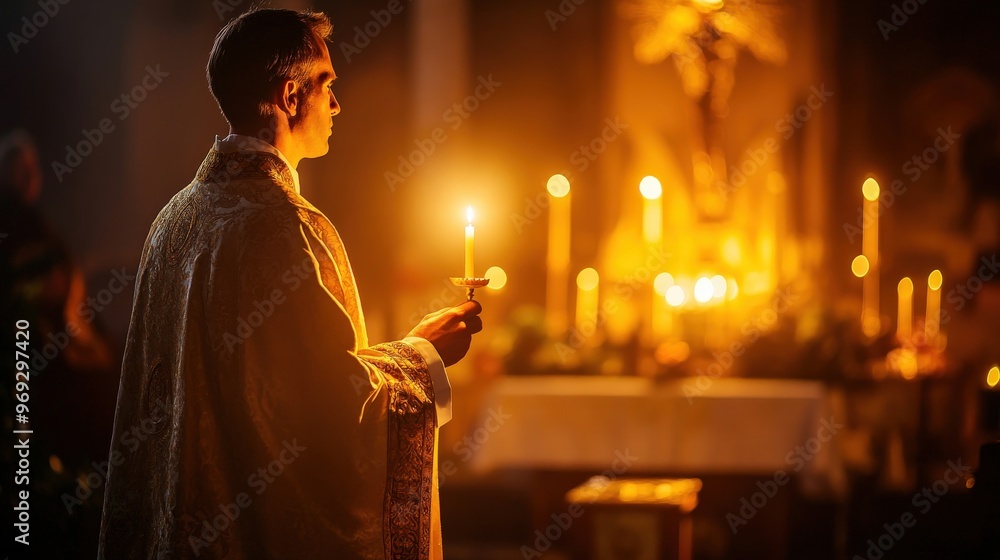 Wall mural priest standing at the altar holding a candle, peaceful moment during the midnight mass ceremony, co