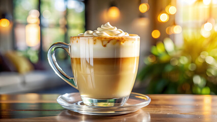 Butterscotch latte in a clear glass mug