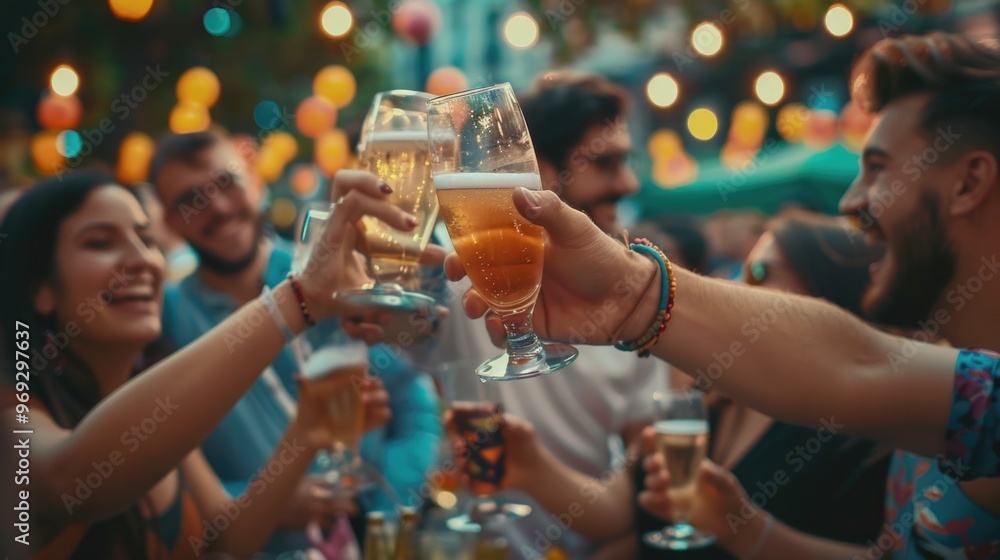 Sticker A group of friends or colleagues gathered around a table, clinking their beer glasses together in a toast