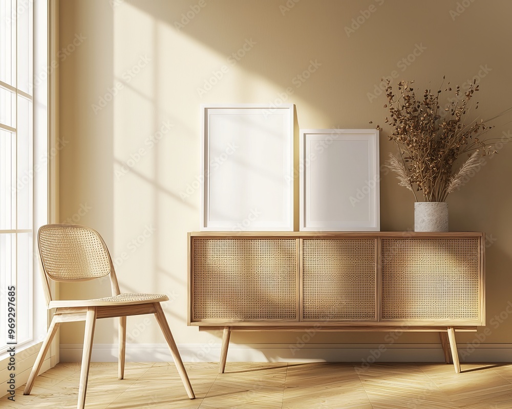 Poster a mock up frame in a cozy room interior with a 3d render