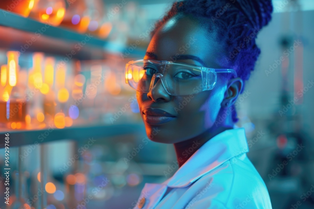 Poster woman in lab coat and safety glasses working in a laboratory setting
