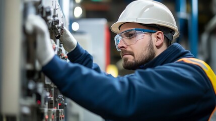 A maintenance engineer is seen evaluating the relay protection system on medium voltage switchgear.