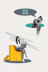 Photo collage trend artwork sketch image of office hiring new job teamwork young lady friends hold together huge laptop earn money laptop
