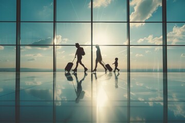 Family Silhouette Walking Through Airport Terminal With Luggage