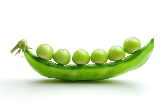 A fresh and natural view of a green pea pod containing five peas, perfect for food or still life photography