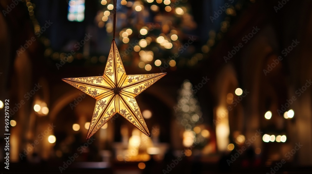 Wall mural christmas star hanging above the altar, glowing star illuminating the sacred space during midnight m