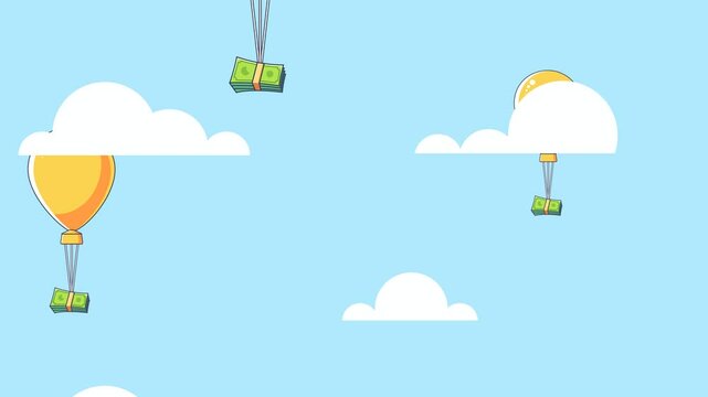 2d animation of a stack of money flies into the sky means financial freedom